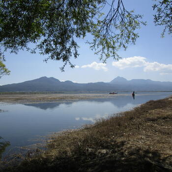 View over Lashi Lake, Wenbi Mountain on right, Saddle Mountain on left