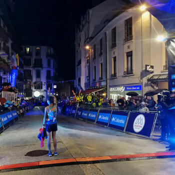 Yao Miao seconds after she has won at UTMB. She was embarrassed by the attention but the crowds loved her (image credit: Pavel Toropov)