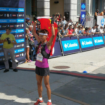 Jia Erenjia winning the CCC division at 2018 UTMB, becoming the first Chinese runner to win a UTMB event (image credit: Pavel Toropov)