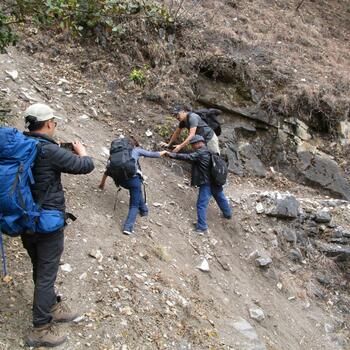 On the trail crossing steep chute